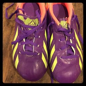 Adidas Purple and green soccer shoes kids size 13.